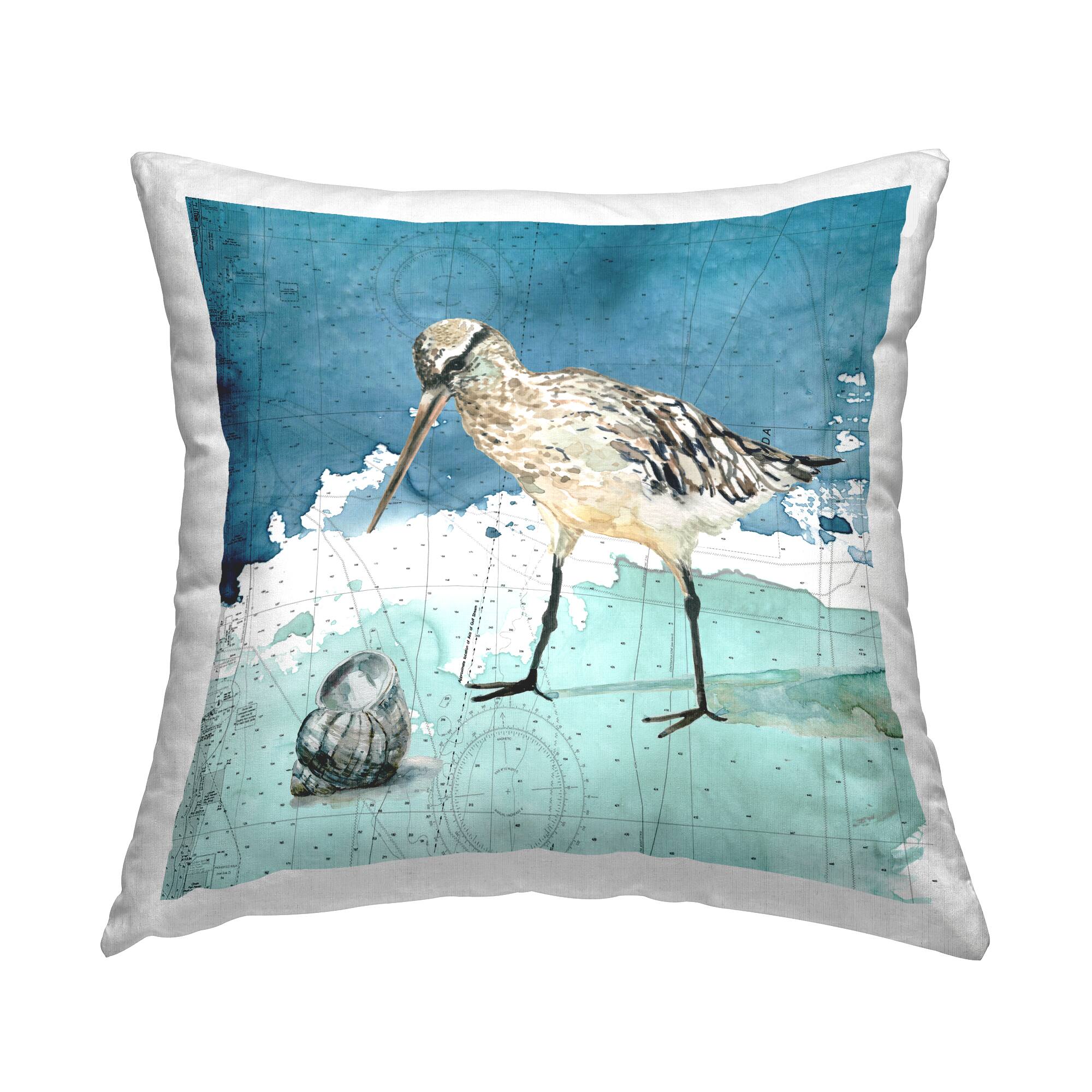 Stupell Industries Beach Bird Round Shell Blue Ocean Coastal Map Throw Pillow 18" x 18"